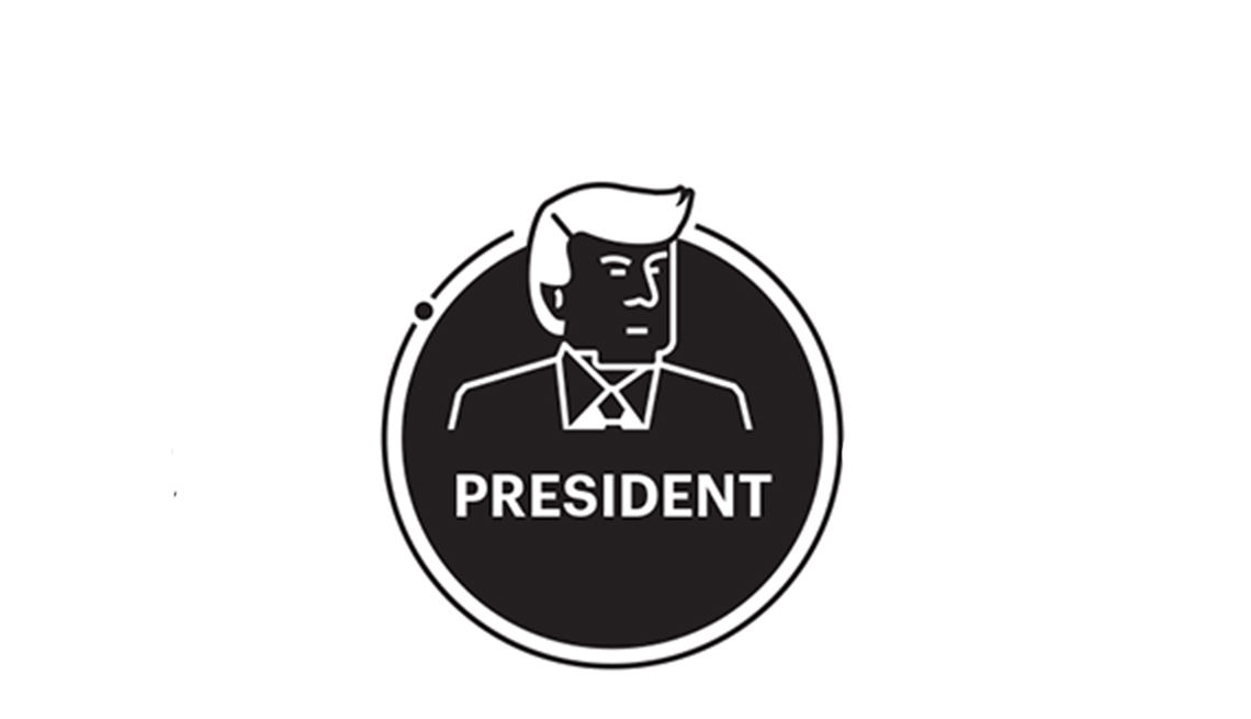 Round black and white graphic President with drawing of Trump head and shoulders hair wave